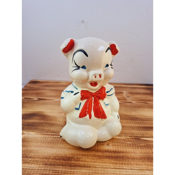 Other - Vintage‎ American Bisque Pottery Ceramic PORCELAIN Pig Piggy Bank RED Bow tie